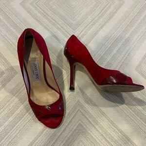 JIMMY CHOO Women’s Red Suede Rocky Peep-Toe Pumps